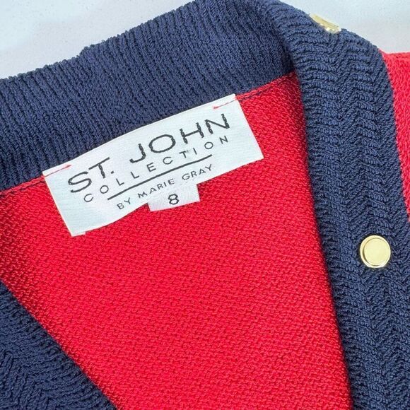 St. John Cardigan Sweater Womens 8 Red Blue Gold Buttons Old Money Preppy Santan - Picture 2 of 7